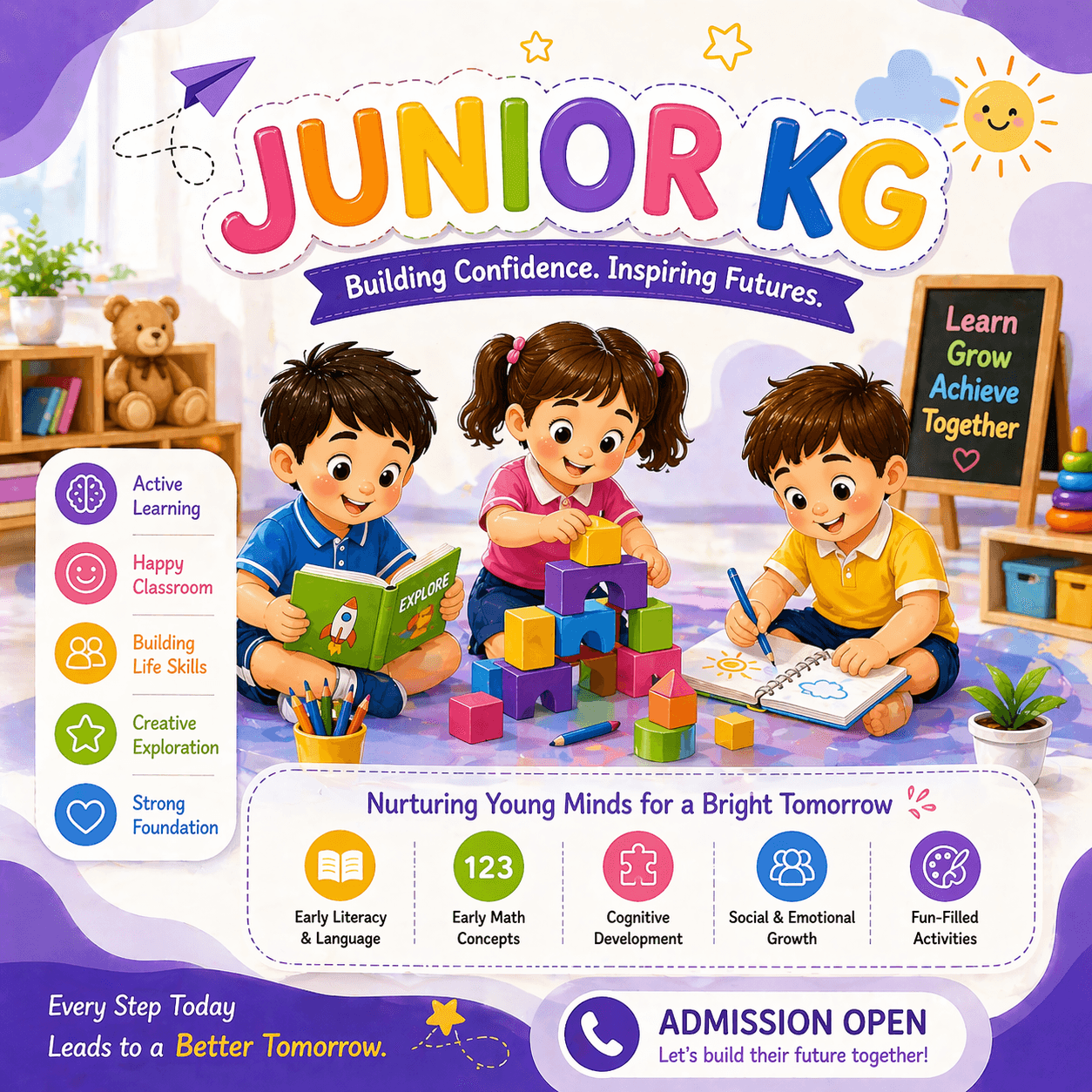Junior KG illustration showing children engaged in guided writing and practical classroom activity