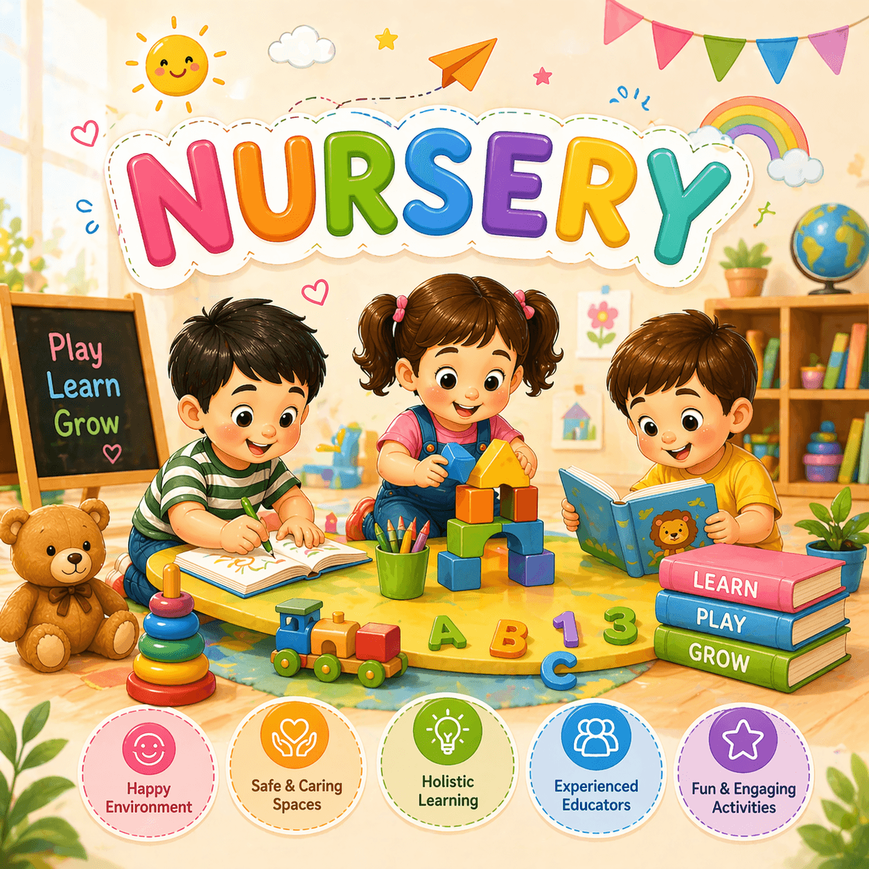 Nursery illustration with children exploring early reading and activity-based learning