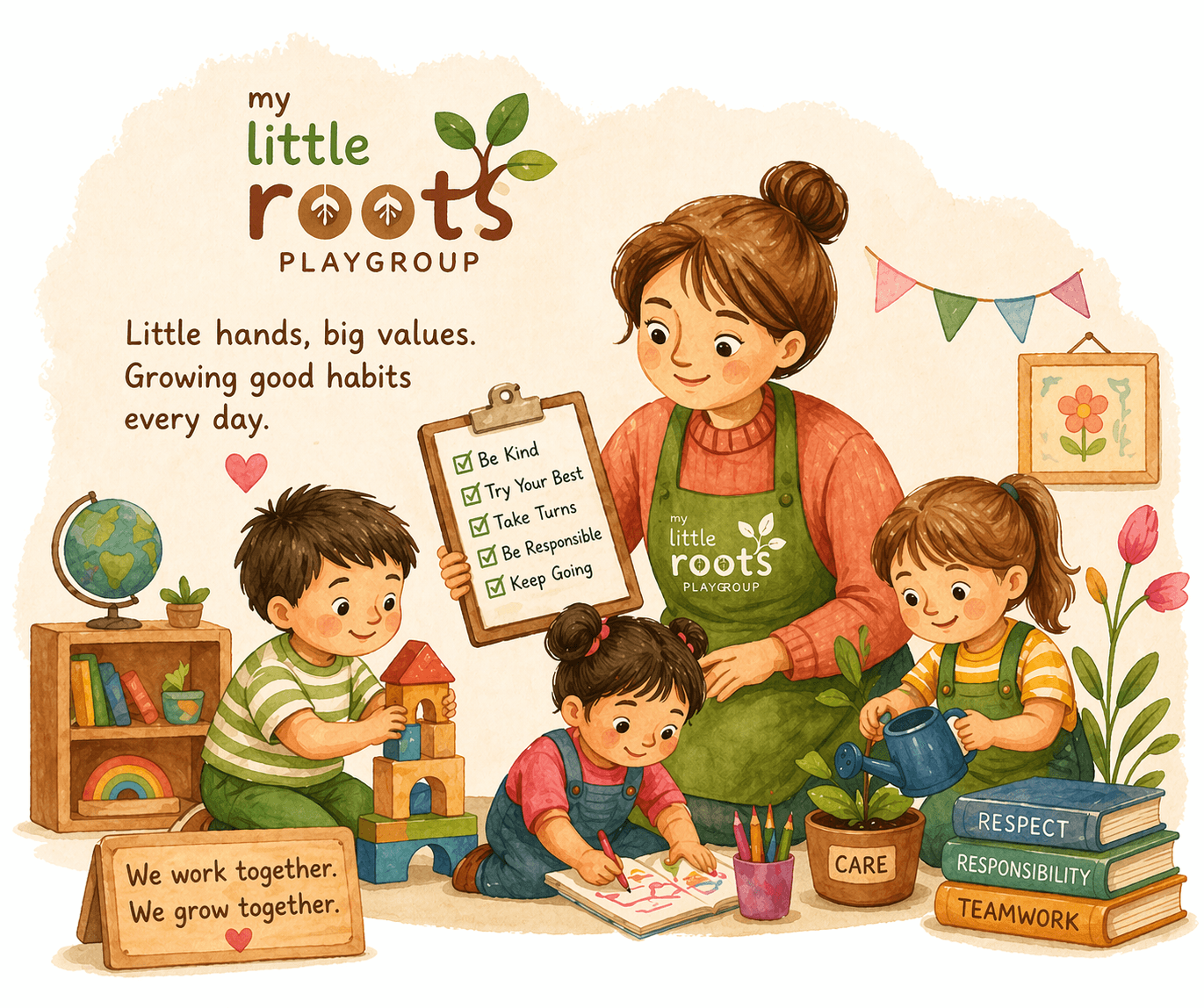 Little Roots Playgroup School work ethics illustration showing a calm, safe, and child-friendly learning environment